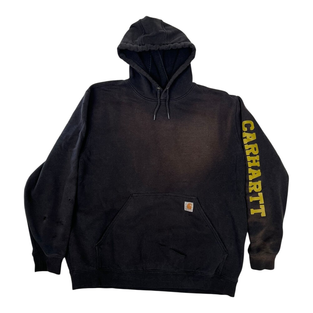 Carhartt Hoodie Sweatshirt Mens XL Black Spell Out Arm Sun Faded Thrashed